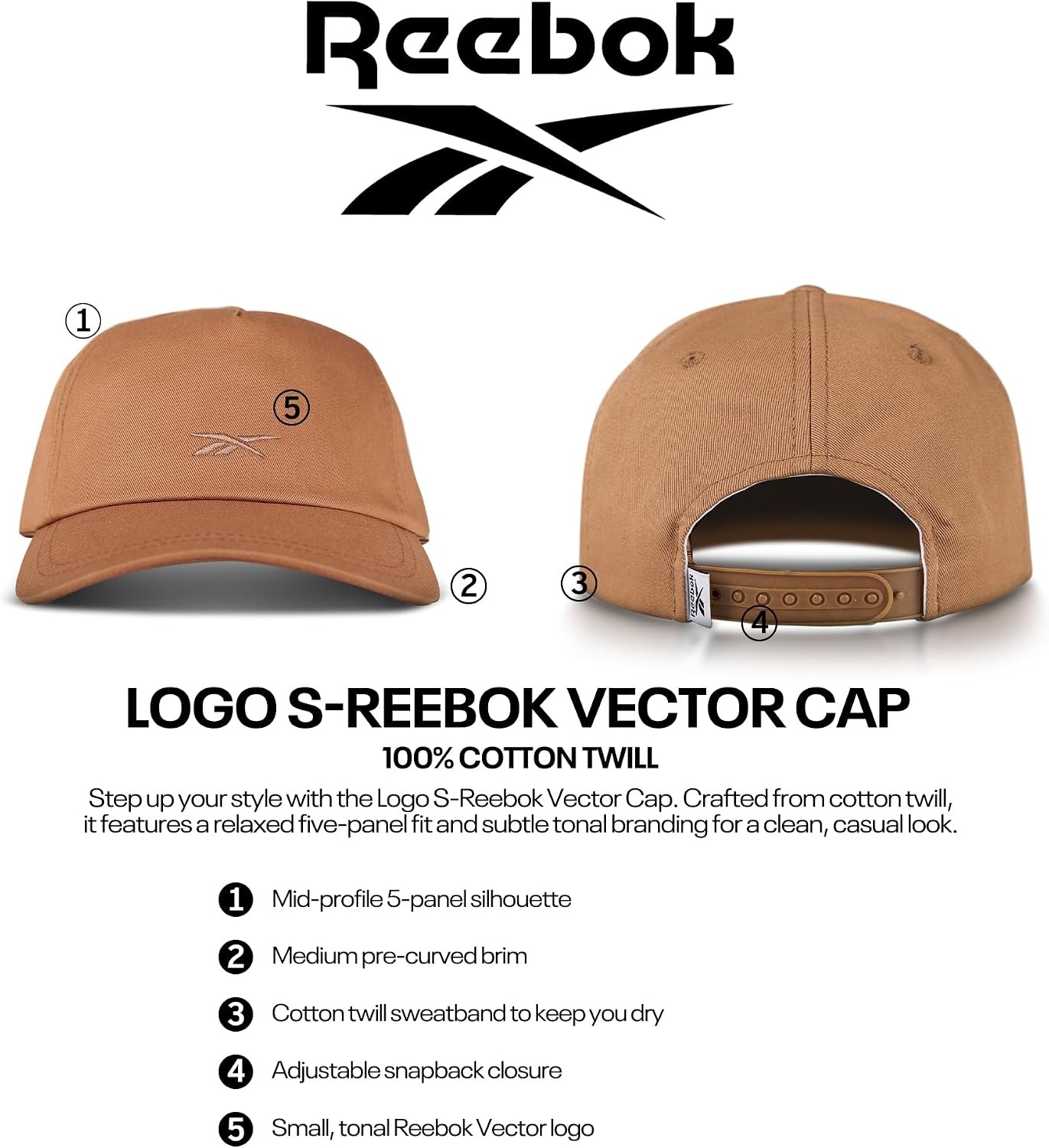 image:imageReebok Classic Hat Snapback Adjustable Baseball Cap Embroidered Casual Lifestyle Athletic Sports RetroLogo S Vector Court Brown