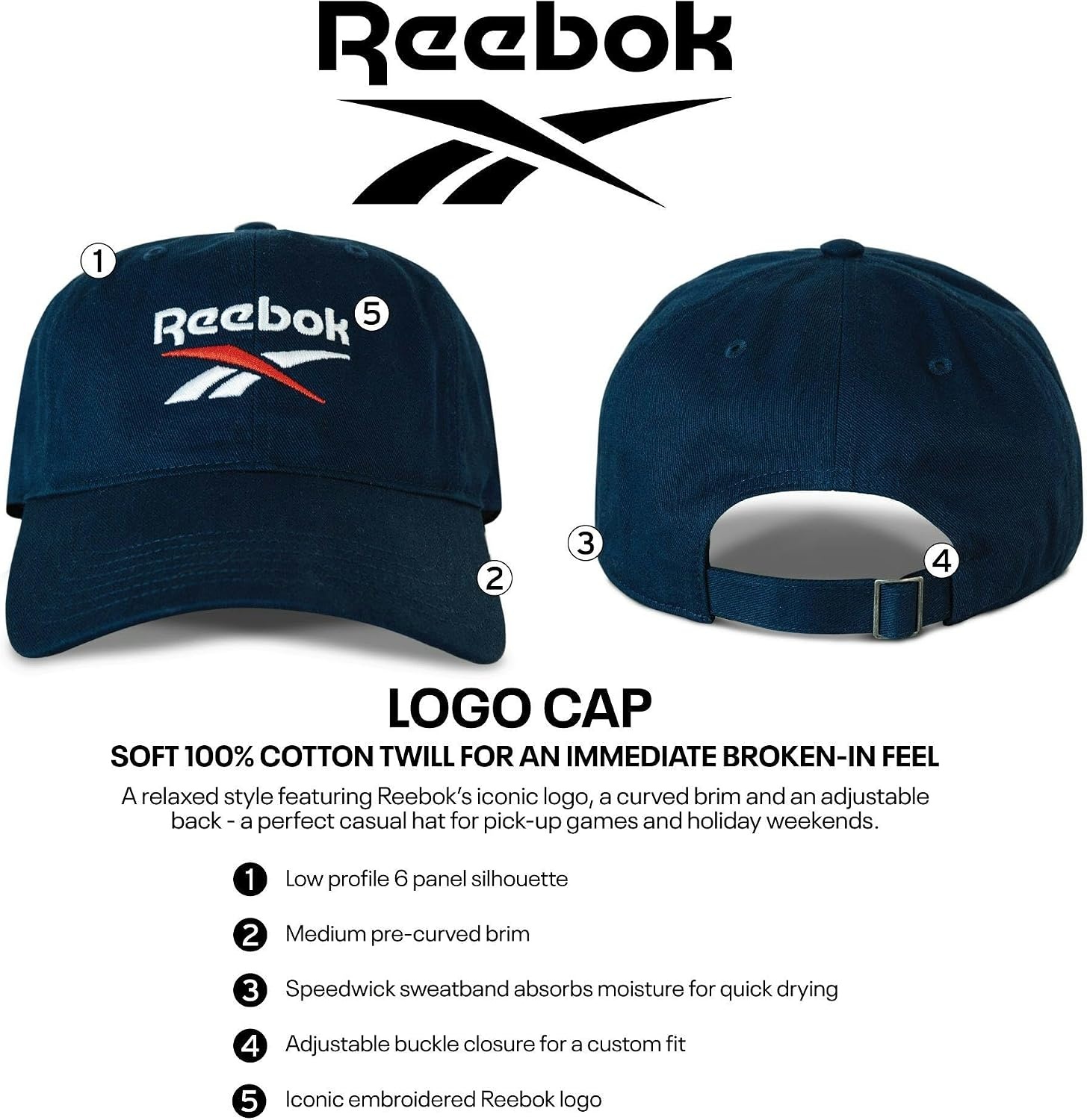 image:imageReebok Classic Logo Hat Mens Womens Adjustable Breathable Everyday Low Profile Cotton TwillIndigo Blue