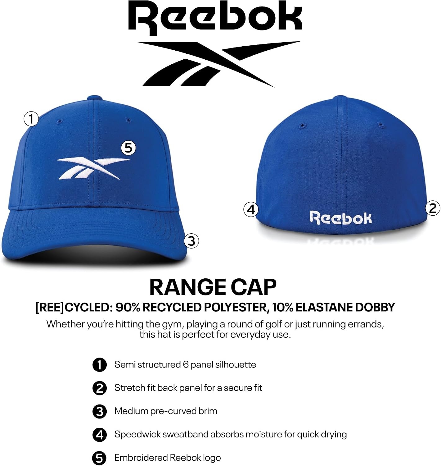 image:imageReebok Mens Range Hat Golf Sun Protection Fitted Six Panel Stretch Breathable Lightweight Recycled PolyesterBlack