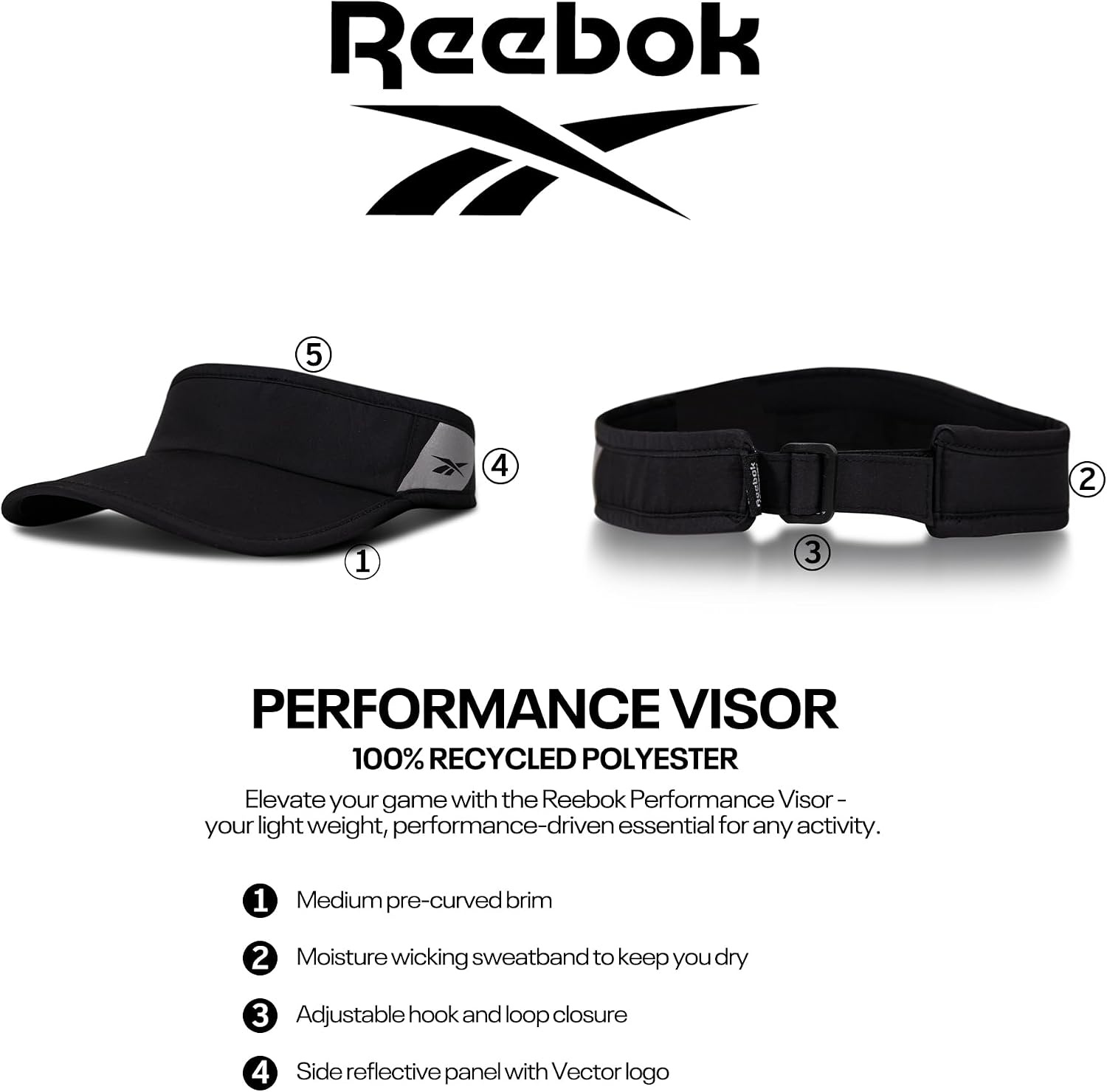 image:imageReebok Reflective Performance Visor Running Perofmance Tennis Golf Sports High Visibility Lightweight Quick Dry Black
