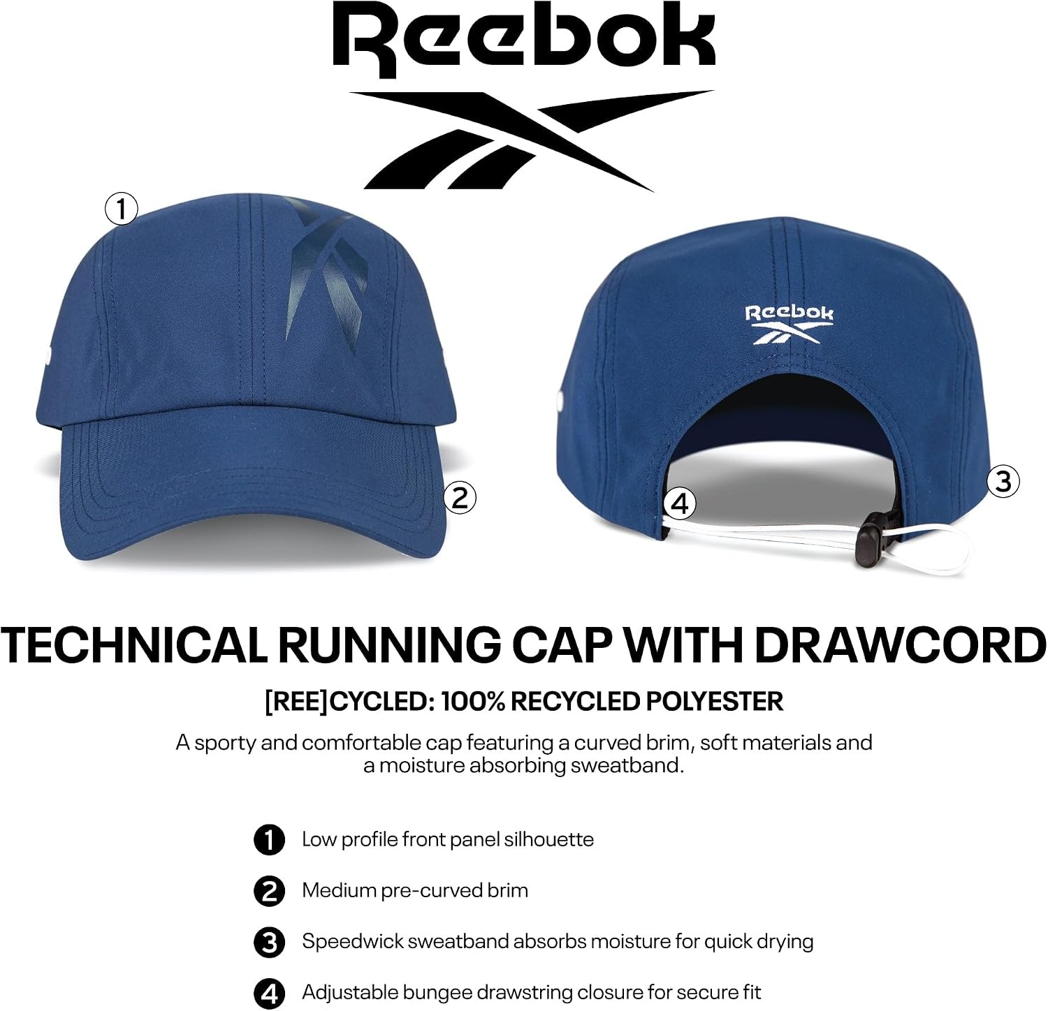 image:imageReebok Running Hat Performance Athletic Lightweight Quick Drying Sun Protection Reflective Recycled MaterialsTechnical White
