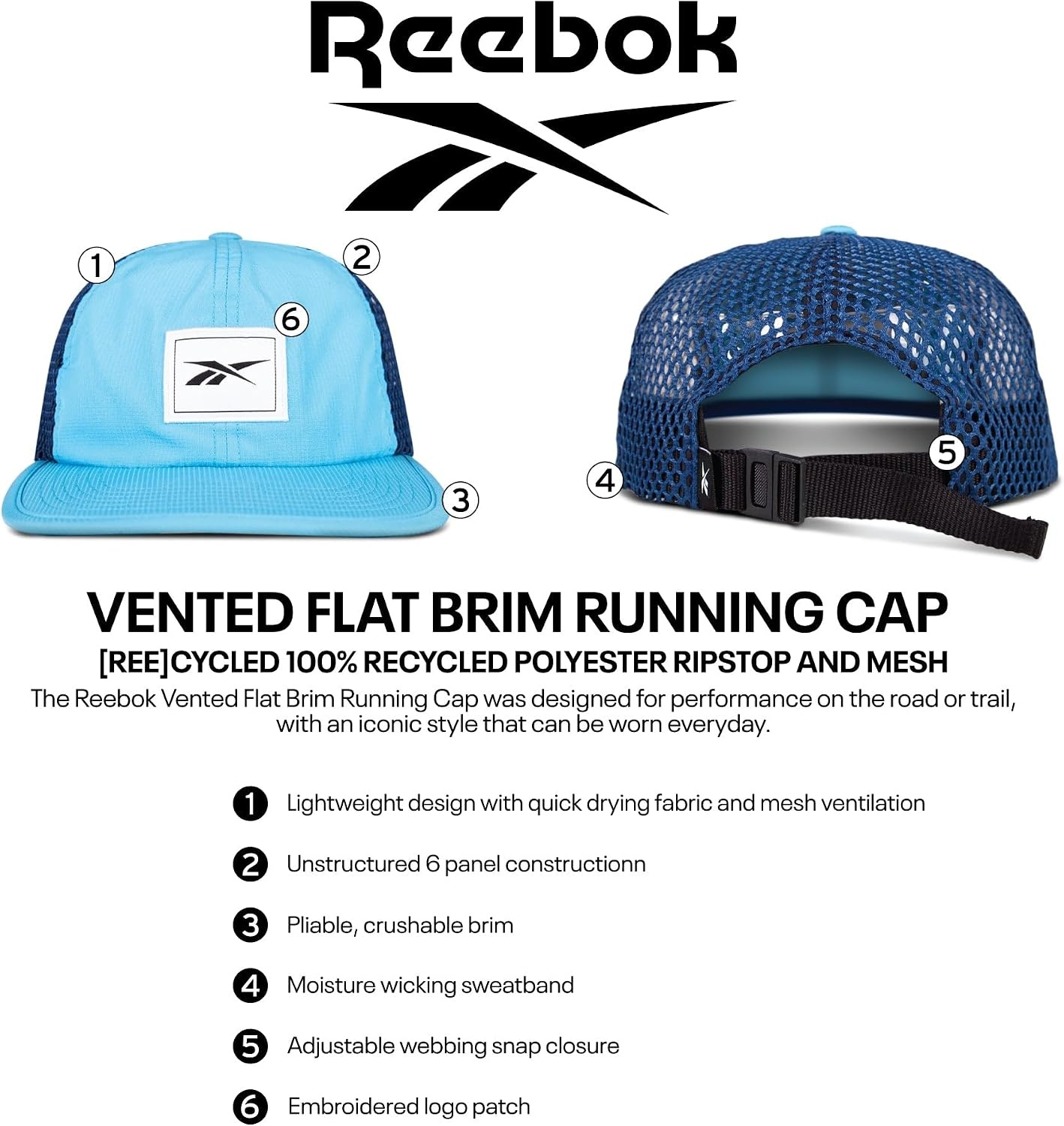 image:imageReebok Running Hat Performance Athletic Lightweight Quick Drying Sun Protection Reflective Recycled MaterialsVented Flat Brim Bold Cyan