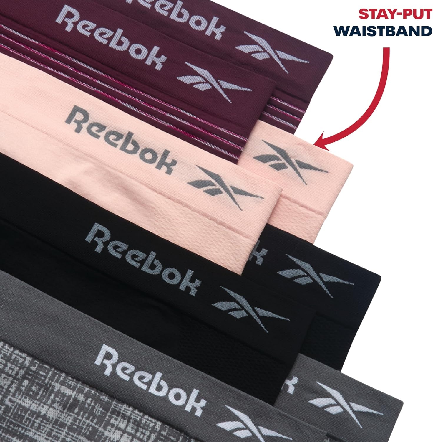 image:imageReebok Womens Boyshorts 8 Pack Performance Seamless Underwear for Women StayPut Design Moves with You Flexible 4Way Flexible Fabric Eliminates Lines and Everyday DiscomfortSmoked Pearl JacquardLight RoseBlackStripes