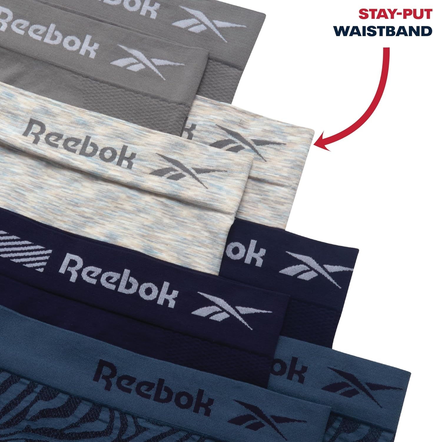image:imageReebok Womens Boyshorts 8 Pack Performance Seamless Underwear for Women StayPut Design Moves with You Flexible 4Way Flexible Fabric Eliminates Lines and Everyday DiscomfortBlue JacquardSteel GreyEvening BlueNatural Spacedye