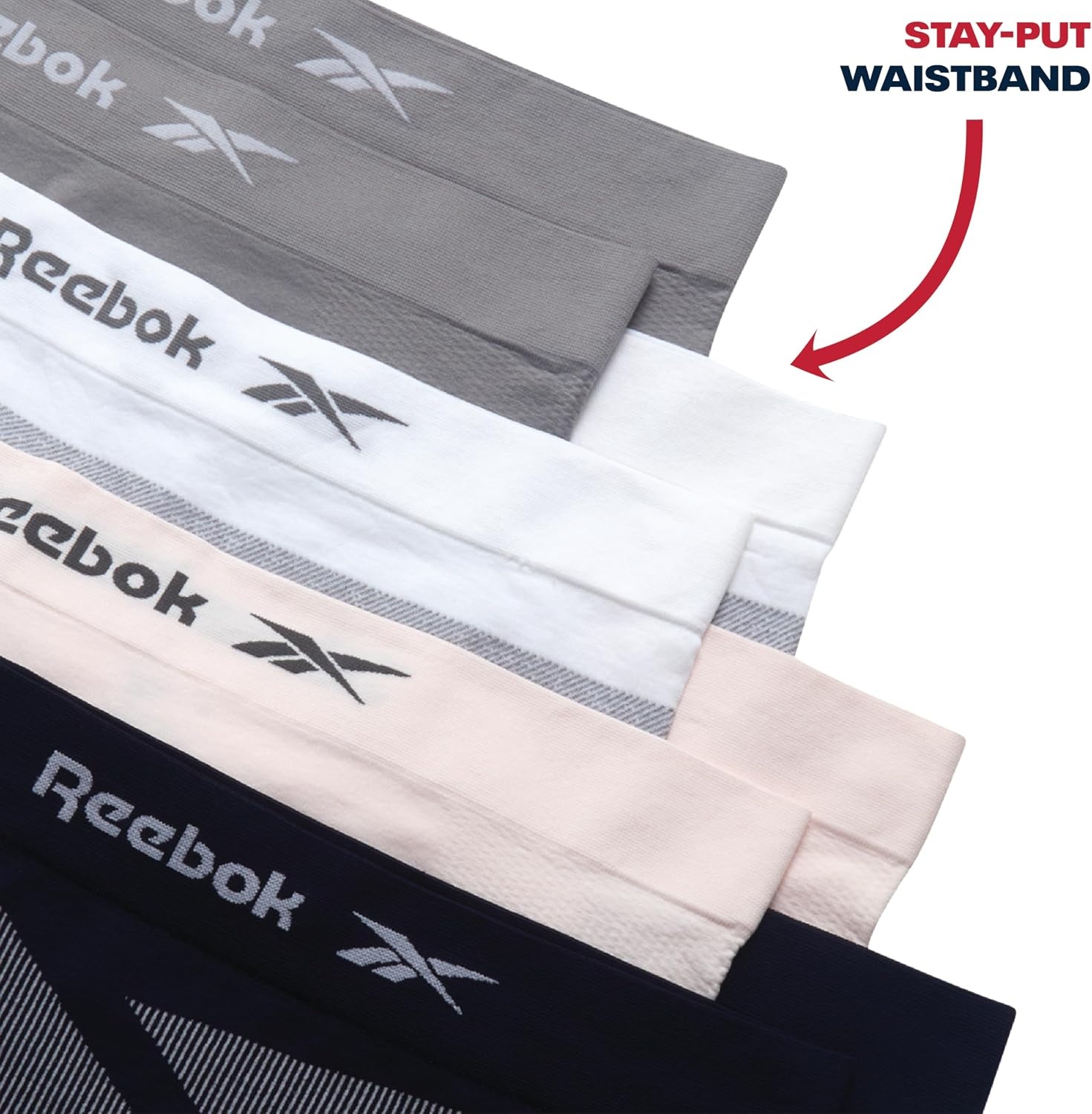 image:imageReebok Womens Boyshorts 8 Pack Performance Seamless Underwear for Women StayPut Design Moves with You Flexible 4Way Flexible Fabric Eliminates Lines and Everyday DiscomfortBlue PrintPinkMedium GreyWhite Stripes