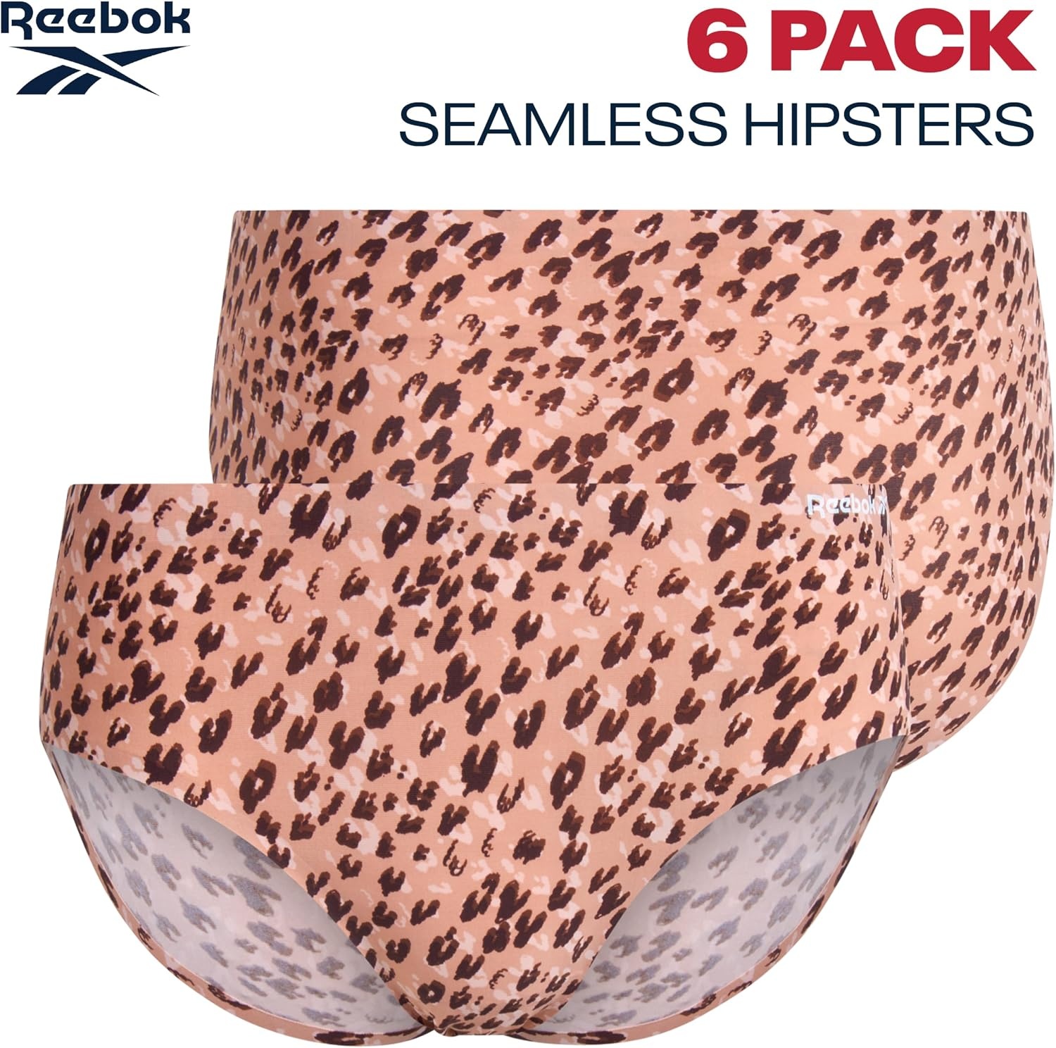 image:imageReebok Womens Hipster Panties 6 Pack Soft Stretch Bonded Seamless Underwear Sleek Smoothedge Edges Create a Smooth Look Under Leggings and Denim Lightweight Stretch Moves with Every WorkoutLeopardRose DustBlack