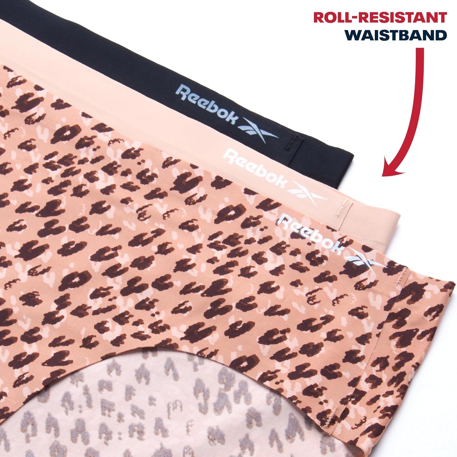 image:imageReebok Womens Hipster Panties 6 Pack Soft Stretch Bonded Seamless Underwear Sleek Smoothedge Edges Create a Smooth Look Under Leggings and Denim Lightweight Stretch Moves with Every WorkoutLeopardRose DustBlack