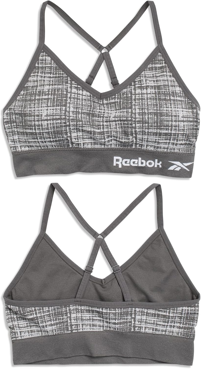 image:imageReebok Womens Sports Bras 2 Pack Soft Stretch Seamless Everyday Bras for Women Cross Back Strap Performance Sports BraSmoked PearlBlack