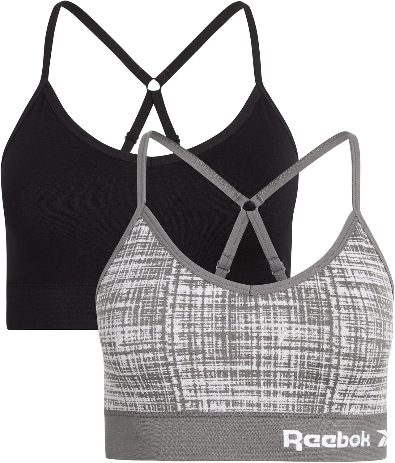 image:imageReebok Womens Sports Bras 2 Pack Soft Stretch Seamless Everyday Bras for Women Cross Back Strap Performance Sports BraSmoked PearlBlack