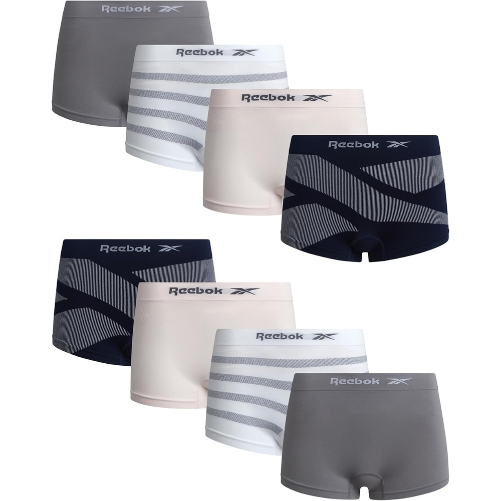 image:imageReebok Womens Boyshorts  8 Pack Performance Seamless Underwear for Women  StayPut Design Moves with You Flexible 4Way Flexible Fabric Eliminates Lines and Everyday DiscomfortBlue PrintPinkMedium GreyWhite Stripes