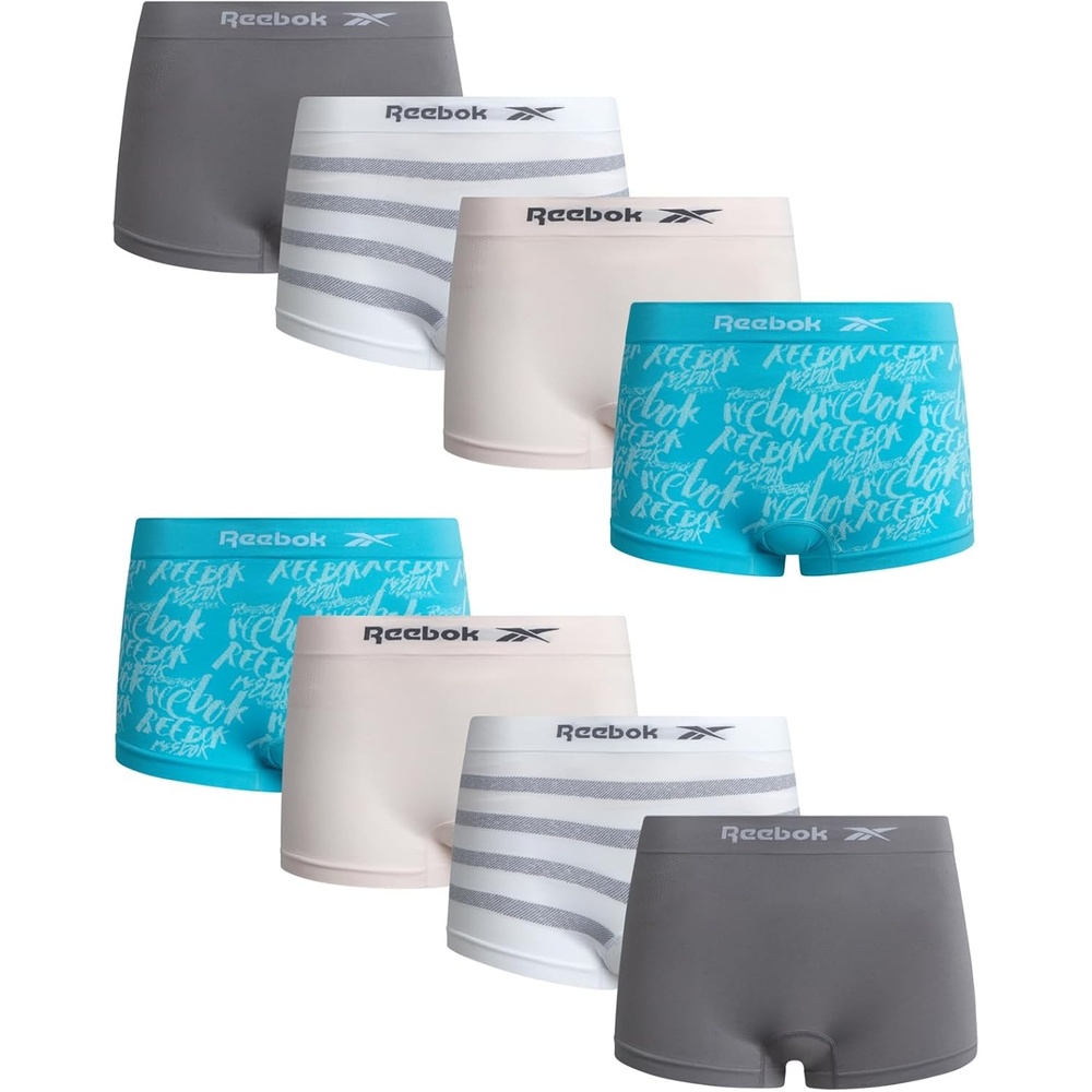 image:imageReebok Womens Boyshorts  8 Pack Performance Seamless Underwear for Women  StayPut Design Moves with You Flexible 4Way Flexible Fabric Eliminates Lines and Everyday DiscomfortBaby Blue PrintPinkMedium GreyStripes