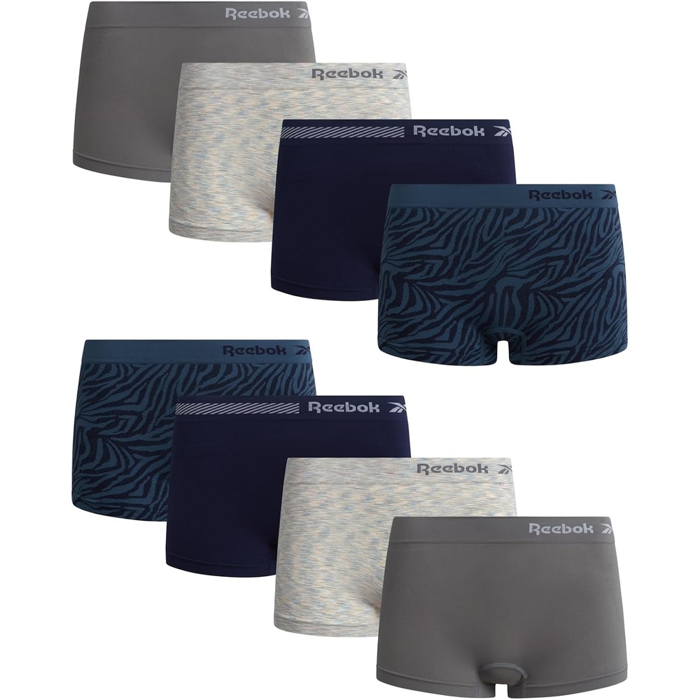 image:imageReebok Womens Boyshorts 8 Pack Performance Seamless Underwear for Women StayPut Design Moves with You Flexible 4Way Flexible Fabric Eliminates Lines and Everyday DiscomfortBlue JacquardSteel GreyEvening BlueNatural Spacedye