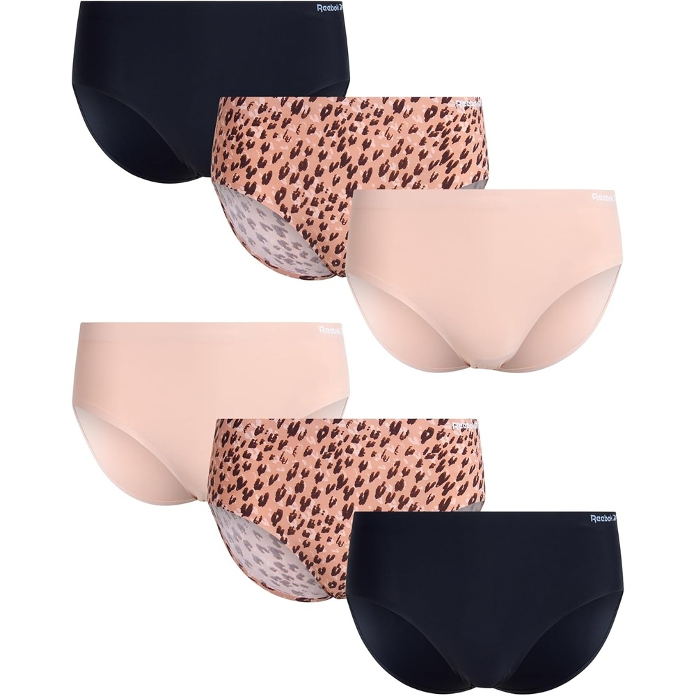 image:imageReebok Womens Hipster Panties 6 Pack Soft Stretch Bonded Seamless Underwear  Sleek Smoothedge Edges Create a Smooth Look Under Leggings and Denim Lightweight Stretch Moves with Every WorkoutLeopardRose DustBlack