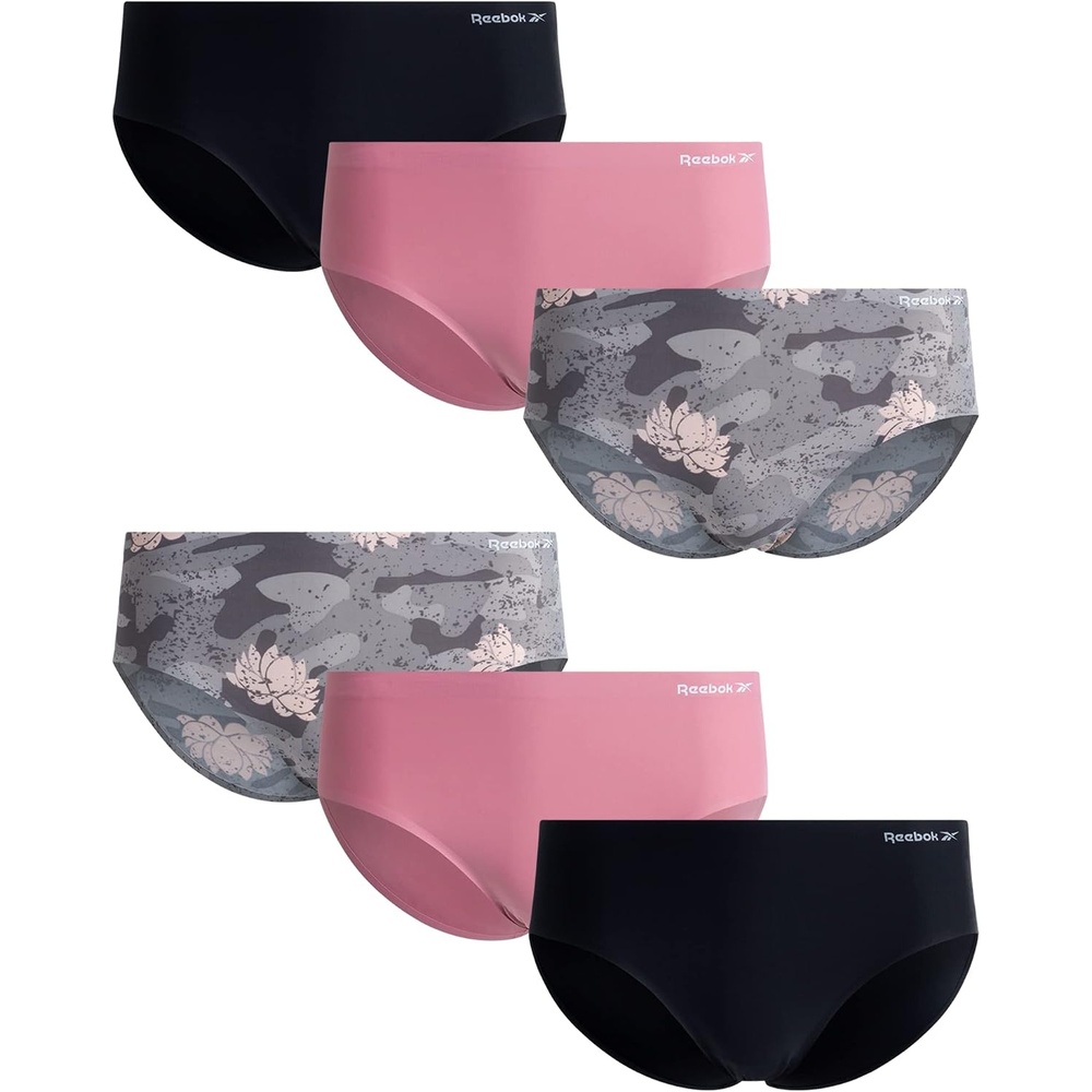 image:imageReebok Womens Hipster Panties 6 Pack Soft Stretch Bonded Seamless Underwear Sleek Smoothedge Edges Create a Smooth Look Under Leggings and Denim Lightweight Stretch Moves with Every WorkoutSharkskinFoxGloveBlack