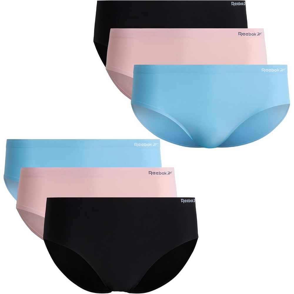 image:imageReebok Womens Hipster Panties 6 Pack Soft Stretch Bonded Seamless Underwear Sleek Smoothedge Edges Create a Smooth Look Under Leggings and Denim Lightweight Stretch Moves with Every WorkoutBlackLotusSky Blue