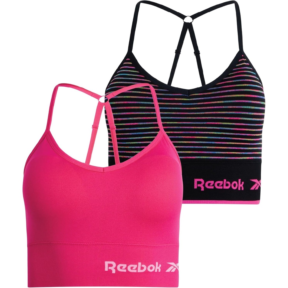 image:imageReebok Womens Sports Bras 2 Pack Padded Longline Crossback Straps Seamless Stretch Fabric Moves with You Removable Pads Customize Coverage Comfortable Support for Everyday WearSpacedye StripePink