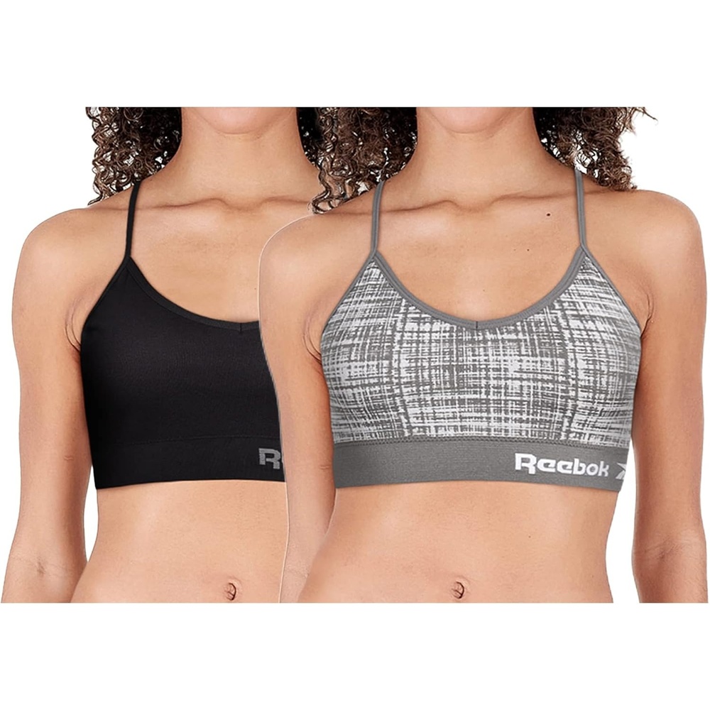 image:imageReebok Womens Sports Bras 2 Pack Soft Stretch Seamless Everyday Bras for Women Cross Back Strap Performance Sports BraSmoked PearlBlack