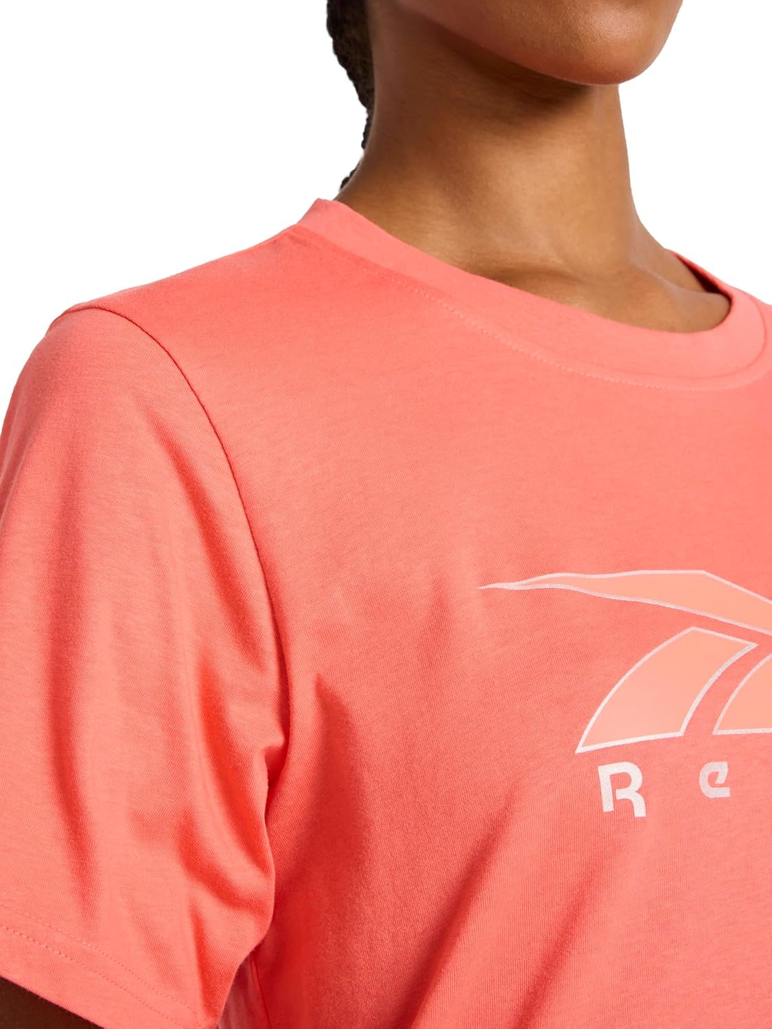 image:imageReebok Womens Big Logo 100 Cotton Lightweight Crewneck TShirt Relaxed FitSunset Coral Metallic Outline