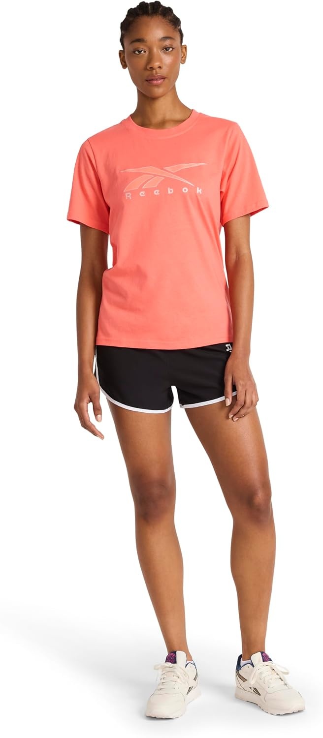 image:imageReebok Womens Big Logo 100 Cotton Lightweight Crewneck TShirt Relaxed FitSunset Coral Metallic Outline