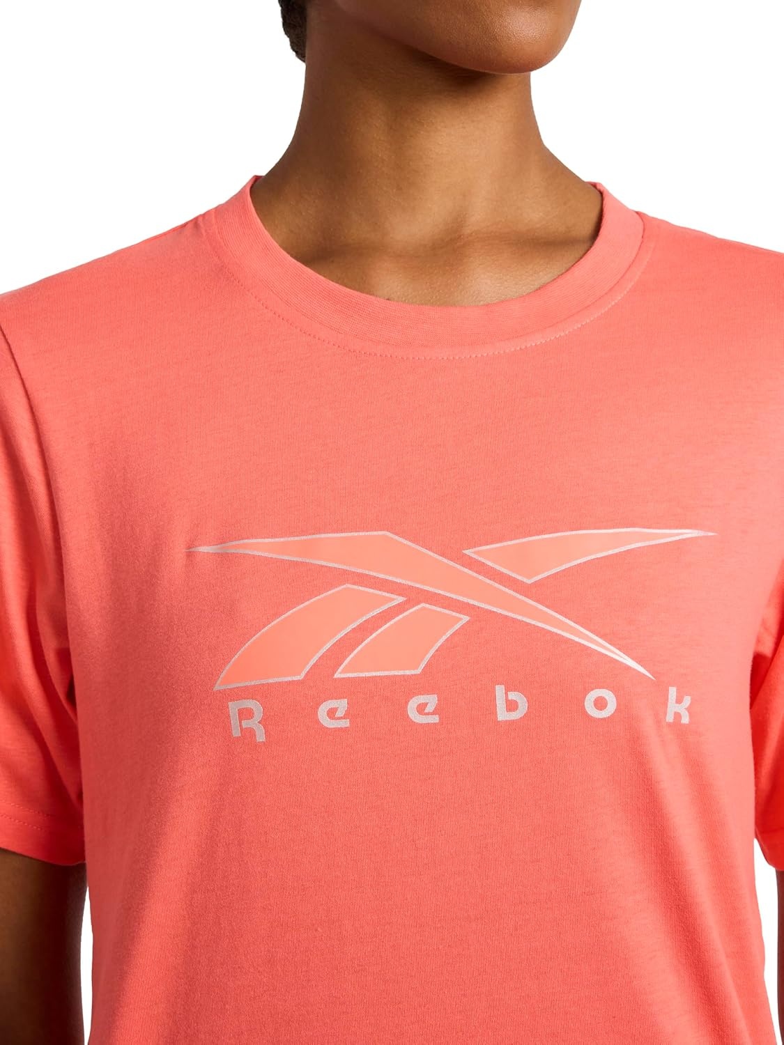 image:imageReebok Womens Big Logo 100 Cotton Lightweight Crewneck TShirt Relaxed FitSunset Coral Metallic Outline