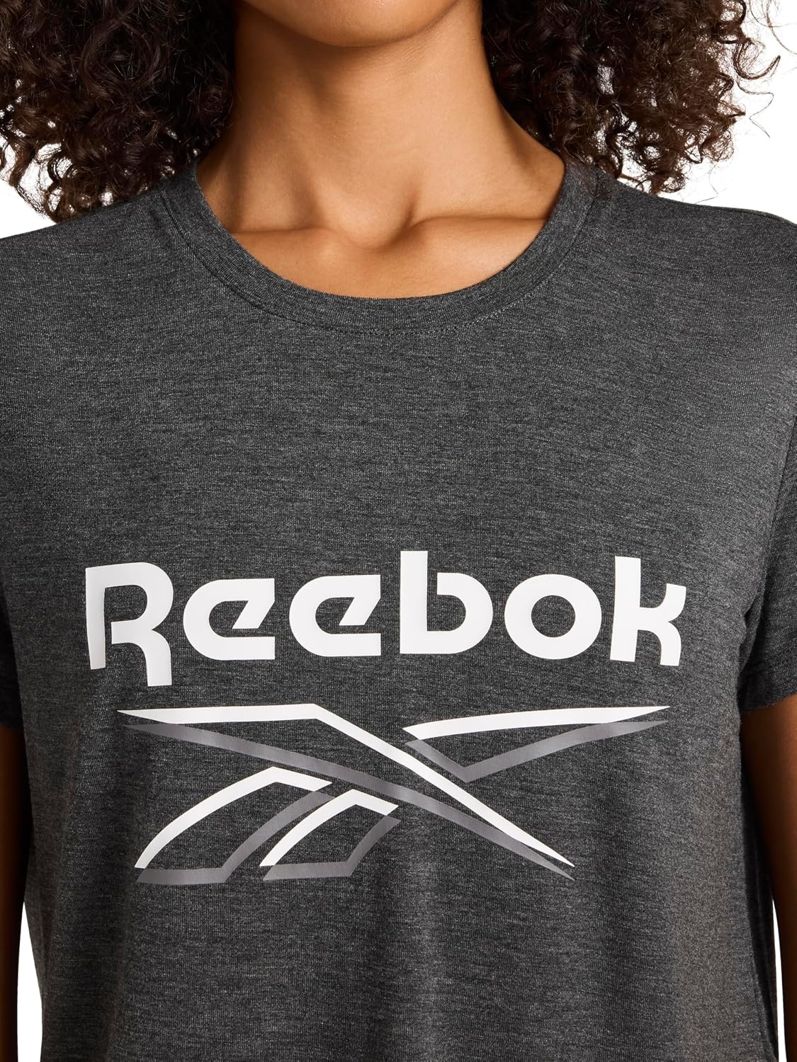 image:imageReebok Womens Crewneck TShirt Standard Fit Lightweight Stretch Poly Soft Jersey FabBlack Heather