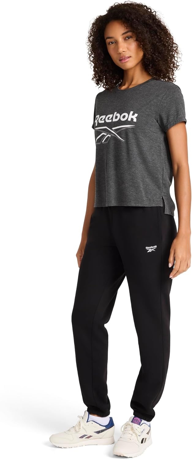 image:imageReebok Womens Crewneck TShirt Standard Fit Lightweight Stretch Poly Soft Jersey FabBlack Heather