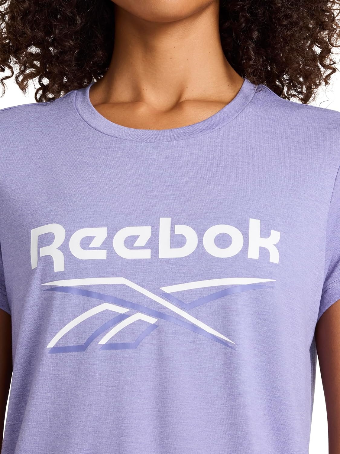 image:imageReebok Womens Crewneck TShirt Standard Fit Lightweight Stretch Poly Soft Jersey FabLavender Violet Heather