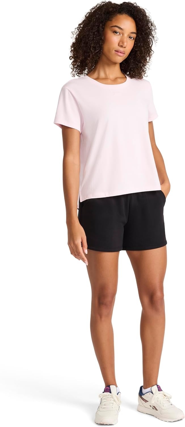 image:imageReebok Womens Embroidery Hit Graphic Crewneck TShirt Standard Fit Lightweight Stretch Cotton FabricFrosted Berry Standard