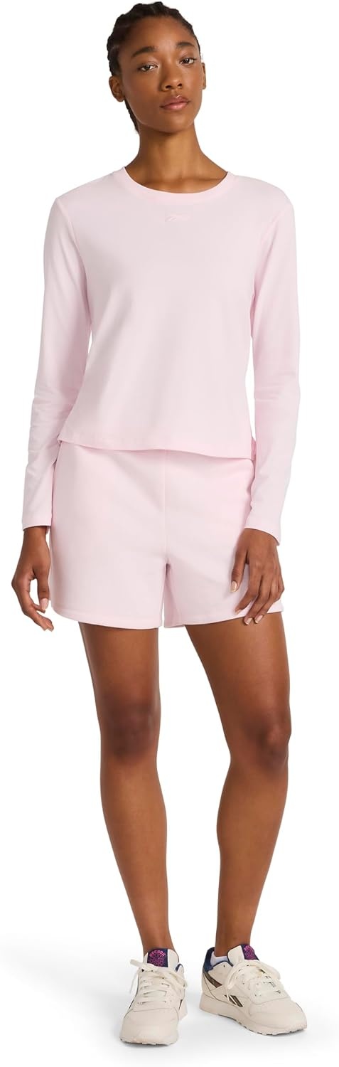 image:imageReebok Womens Embroidery Hit Long Sleeve Crewneck Top Standard Fit Lightweight Stretch Cotton FabricFrosted Berry