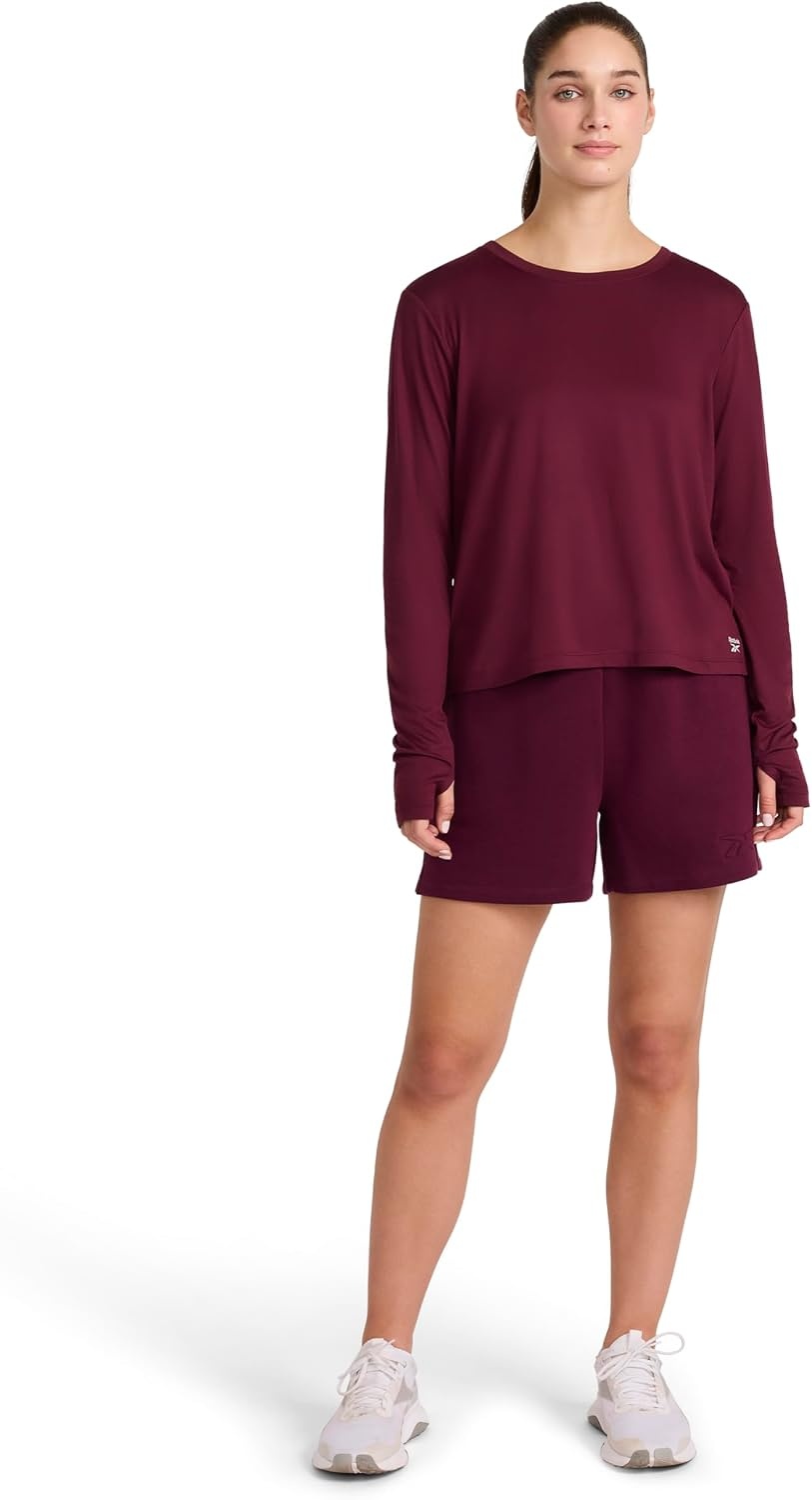 image:imageReebok Womens Long Sleeve Crewneck Top Standard Fit Lightweight Stretch Poly Marled Jersey FabricBlack Cherry