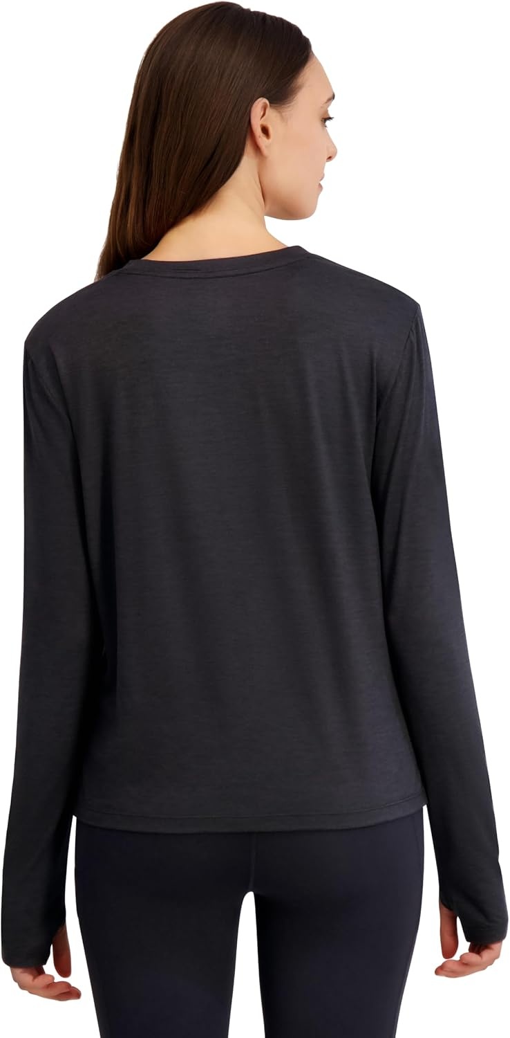 image:imageReebok Womens Long Sleeve Crewneck Top Standard Fit Lightweight Stretch Poly Marled Jersey FabricBlack Heather