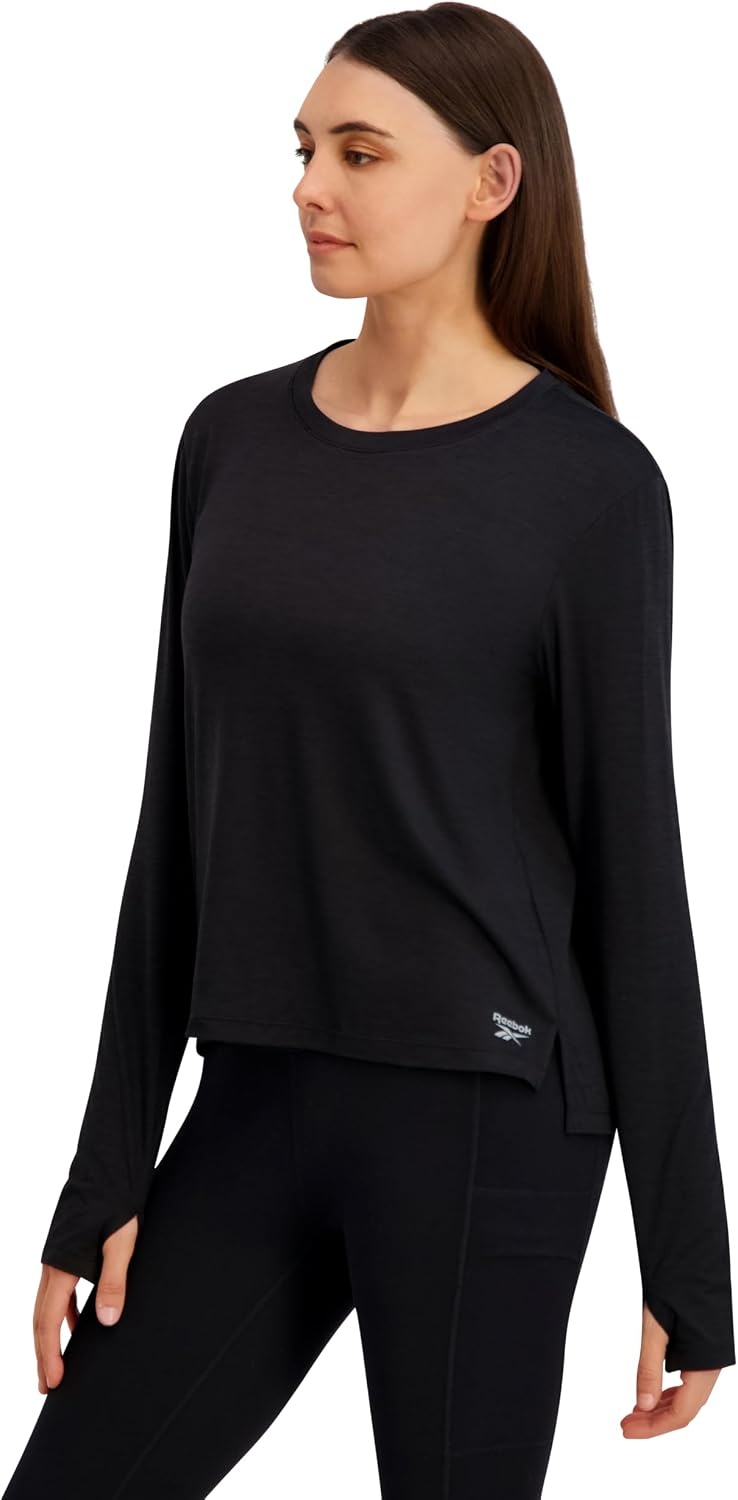image:imageReebok Womens Long Sleeve Crewneck Top Standard Fit Lightweight Stretch Poly Marled Jersey FabricBlack Heather