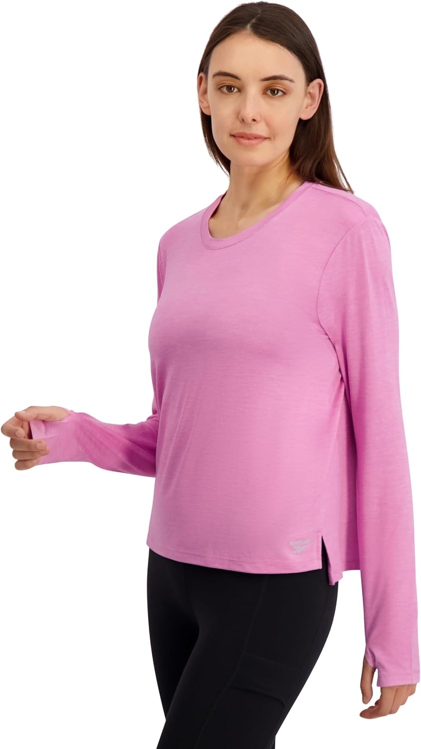 image:imageReebok Womens Long Sleeve Crewneck Top Standard Fit Lightweight Stretch Poly Marled Jersey FabricCrocus Heather