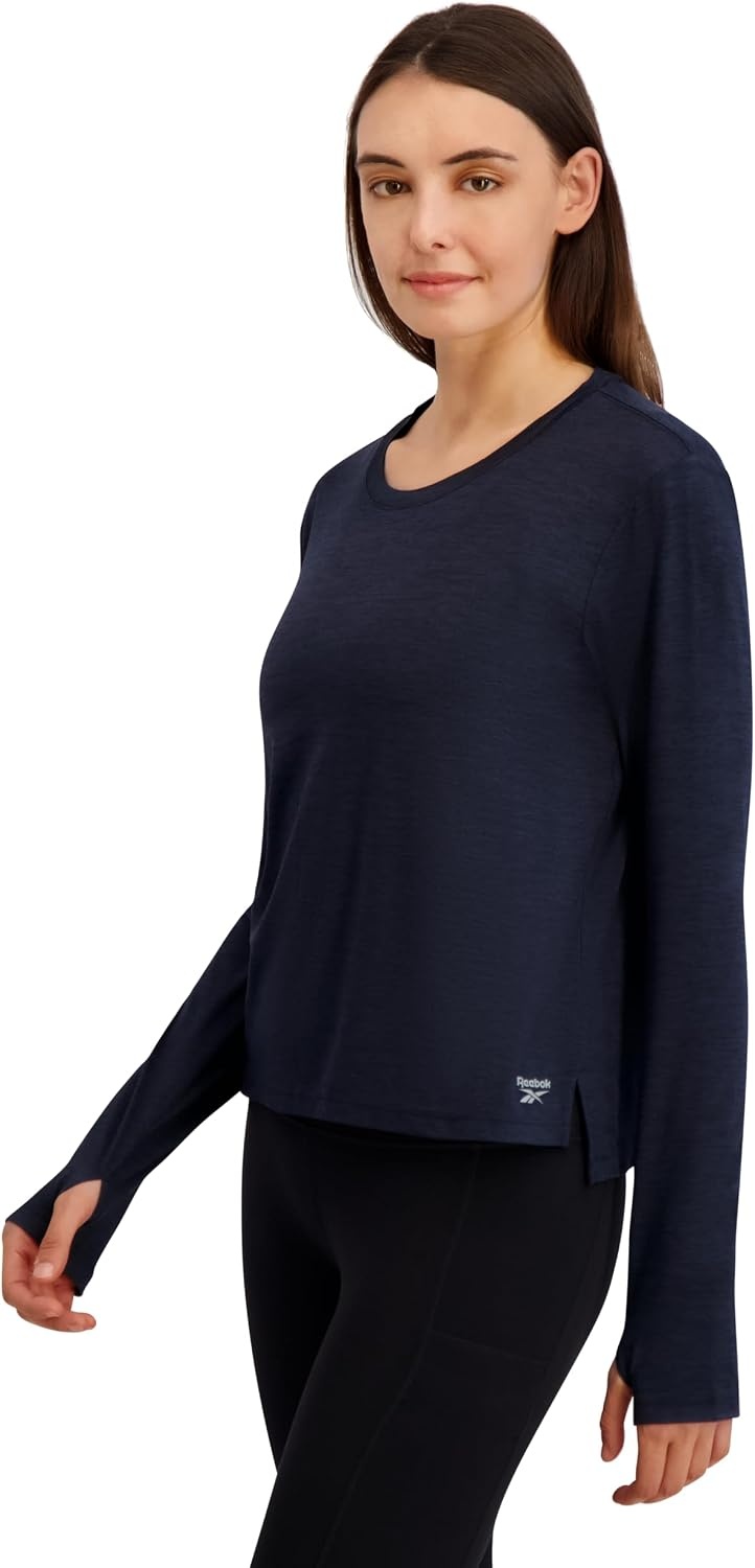 image:imageReebok Womens Long Sleeve Crewneck Top Standard Fit Lightweight Stretch Poly Marled Jersey FabricDark Sapphire