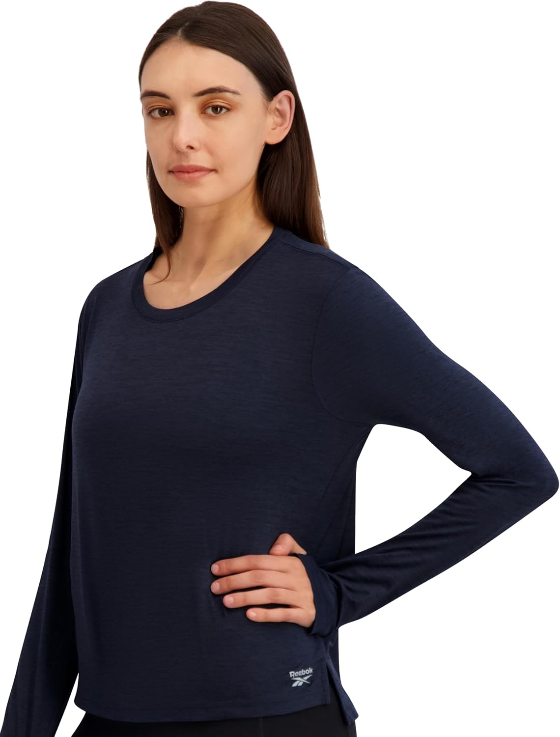 image:imageReebok Womens Long Sleeve Crewneck Top Standard Fit Lightweight Stretch Poly Marled Jersey FabricDark Sapphire