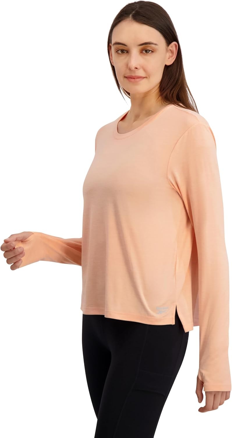 image:imageReebok Womens Long Sleeve Crewneck Top Standard Fit Lightweight Stretch Poly Marled Jersey FabricPapaya Punch Heather