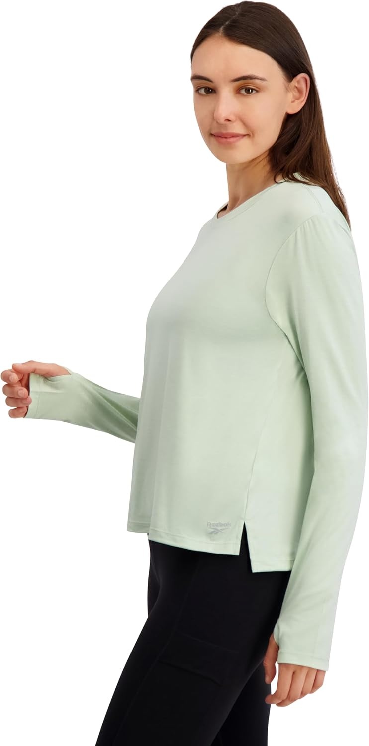 image:imageReebok Womens Long Sleeve Crewneck Top Standard Fit Lightweight Stretch Poly Marled Jersey FabricSeafoam Heather