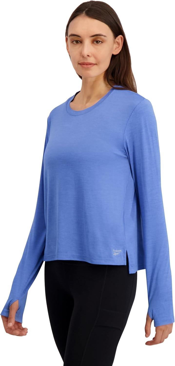 image:imageReebok Womens Long Sleeve Crewneck Top Standard Fit Lightweight Stretch Poly Marled Jersey FabricUltramarine Heather