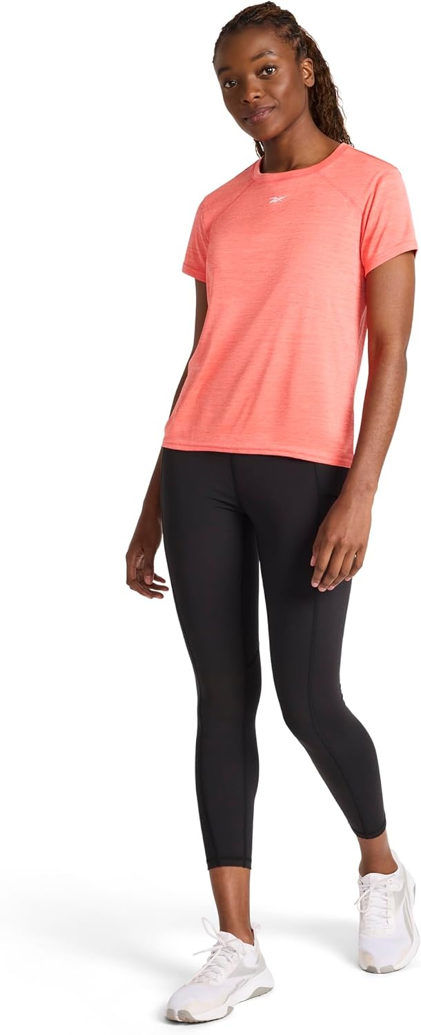 image:imageReebok Womens Small Logo Short Sleeve Crewneck TShirt Lightweight Moisture WickingSunset Coral Heather Id Train