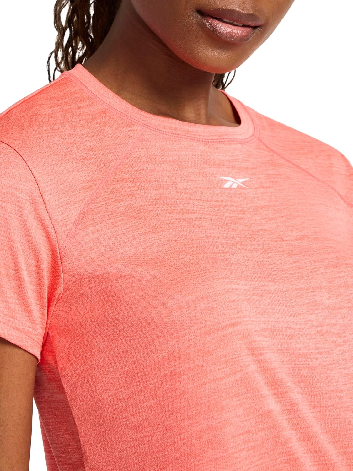 image:imageReebok Womens Small Logo Short Sleeve Crewneck TShirt Lightweight Moisture WickingSunset Coral Heather Id Train