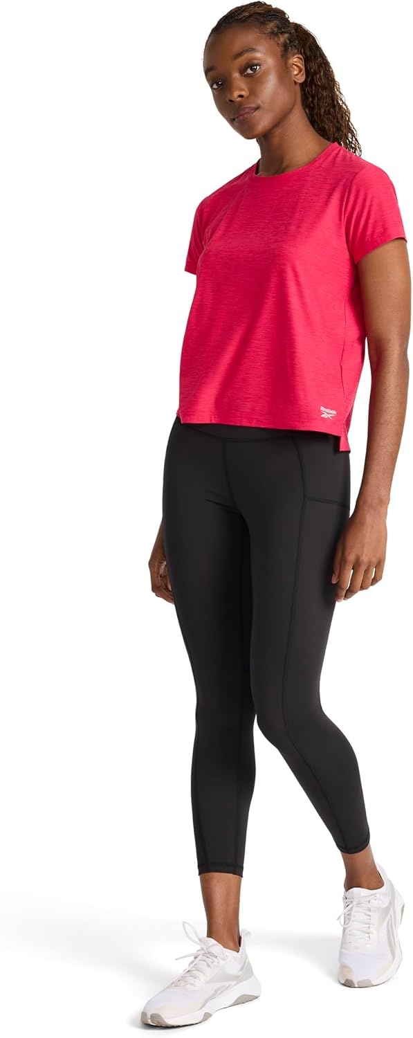 image:imageReebok Womens Tech Short Sleeve Crewneck TShirt Standard Fit Lightweight Stretch Heathered Poly FabricLove Potion Heather