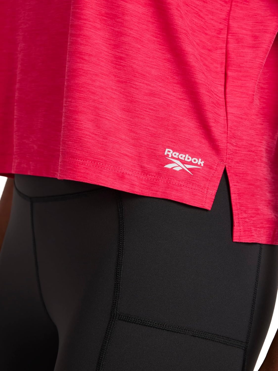 image:imageReebok Womens Tech Short Sleeve Crewneck TShirt Standard Fit Lightweight Stretch Heathered Poly FabricLove Potion Heather