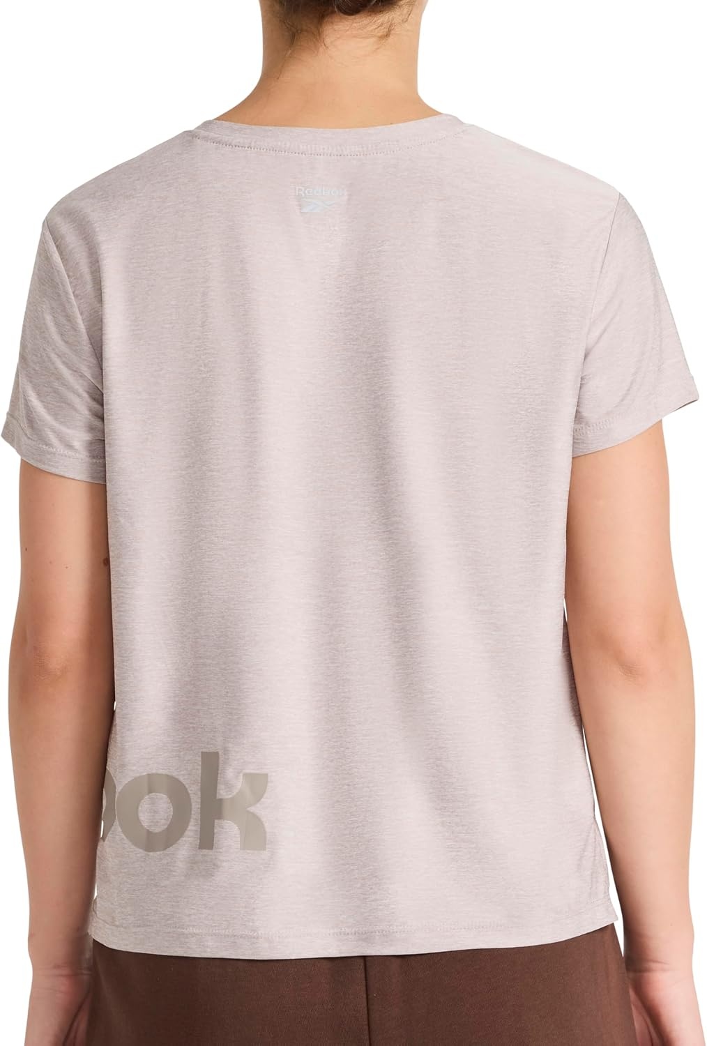 image:imageReebok Womens Wrap Around Wordmark Graphic Crewneck TShirt Standard Fit Lightweight Stretch Poly Marled Jersey FabricOpal Grey Heather