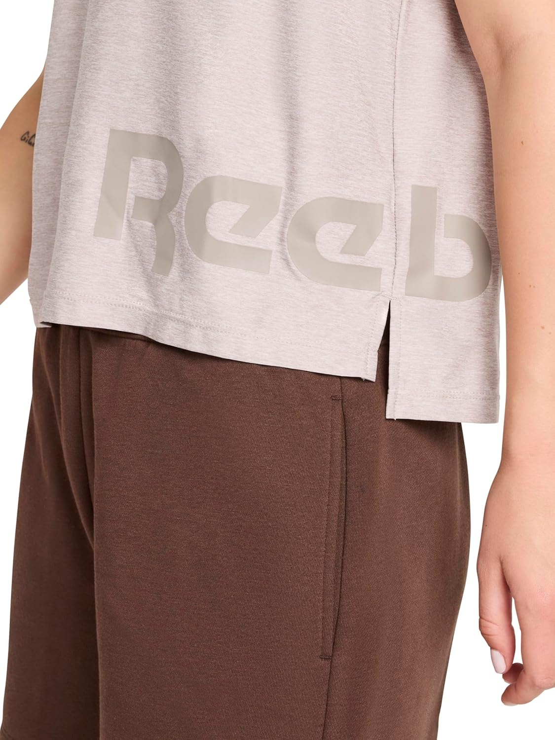image:imageReebok Womens Wrap Around Wordmark Graphic Crewneck TShirt Standard Fit Lightweight Stretch Poly Marled Jersey FabricOpal Grey Heather