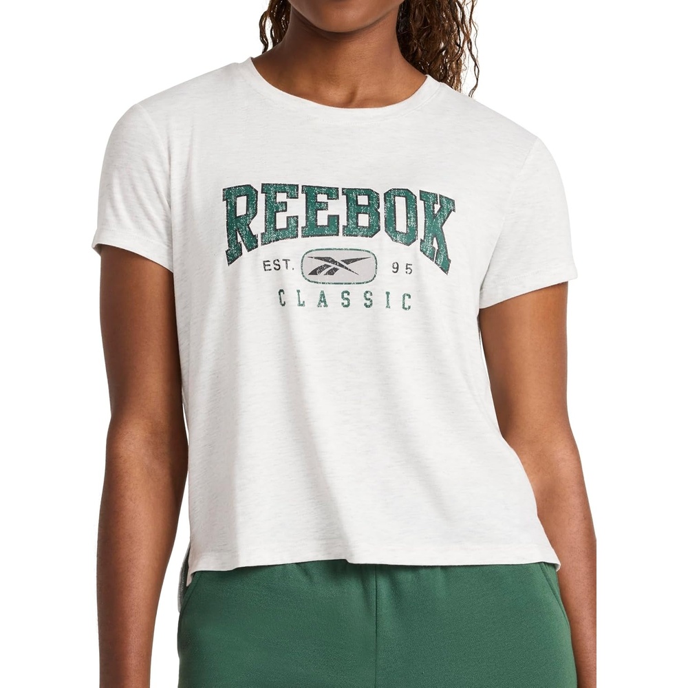 image:imageReebok Womens Classic Athletic Graphic Crewneck Cropped TShirtEgret HeatherPineneedle