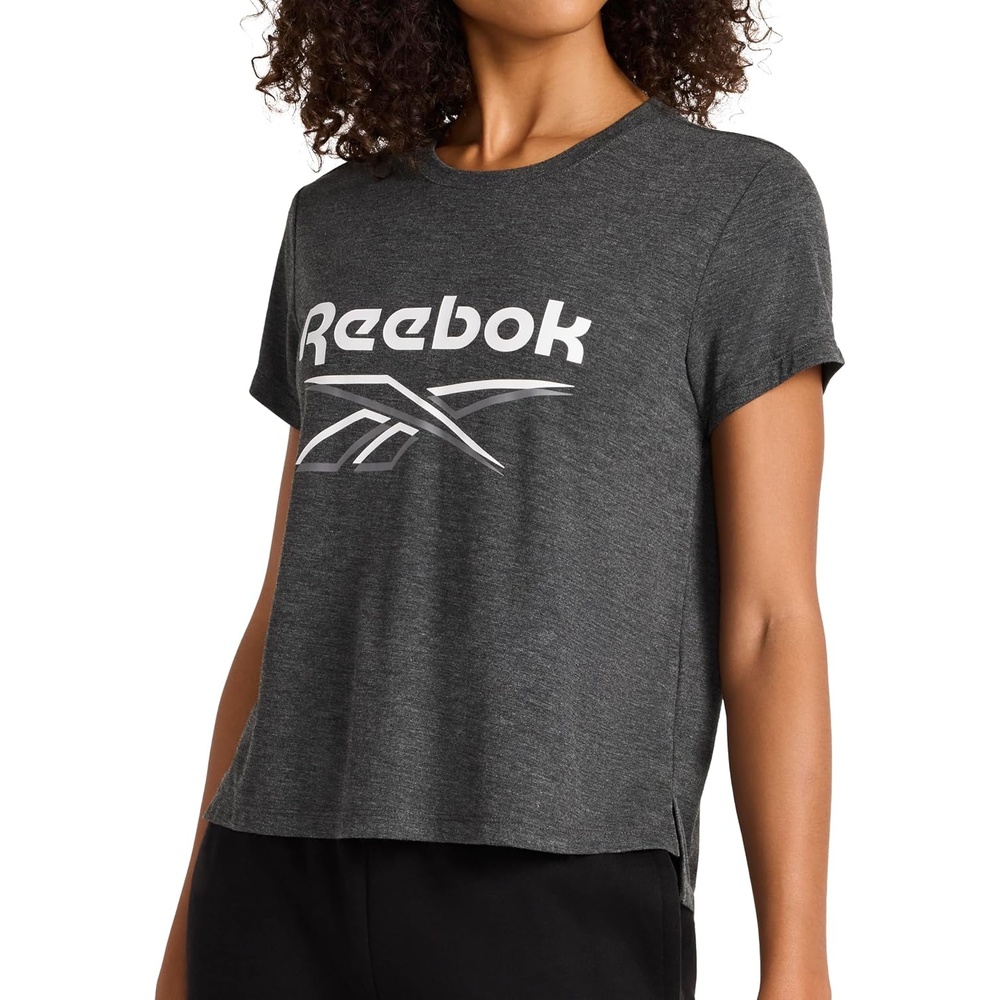 image:imageReebok Womens Crewneck TShirt Standard Fit Lightweight Stretch Poly Soft Jersey FabBlack Heather