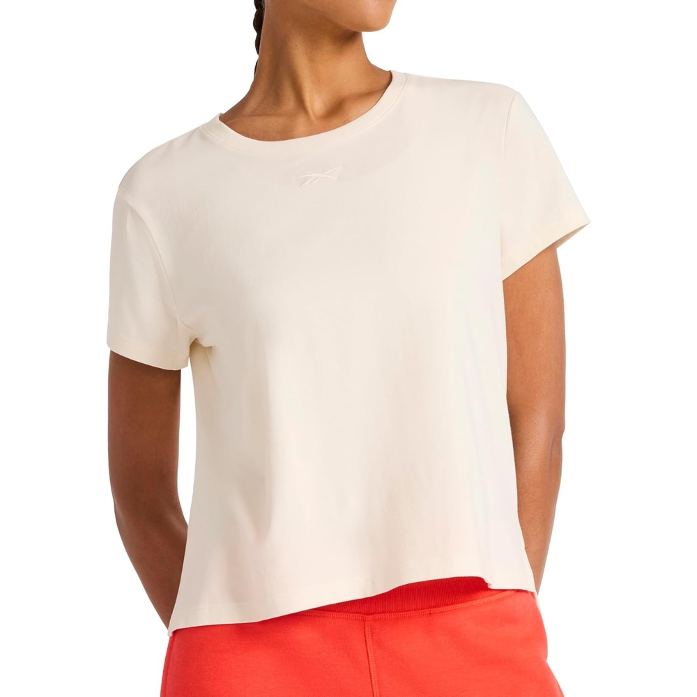 image:imageReebok Womens Embroidery Hit Graphic Crewneck TShirt Standard Fit Lightweight Stretch Cotton FabricAlabaster  Standard