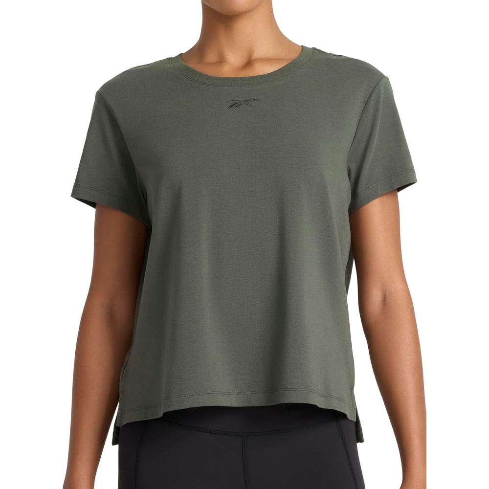 image:imageReebok Womens Embroidery Hit Graphic Crewneck TShirt Standard Fit Lightweight Stretch Cotton FabricGrit Green Standard