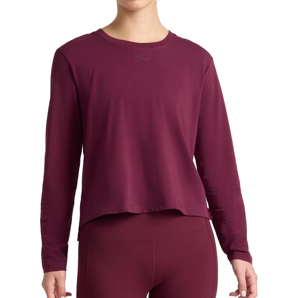 image:imageReebok Womens Embroidery Hit Long Sleeve Crewneck Top Standard Fit Lightweight Stretch Cotton FabricBlack Cherry
