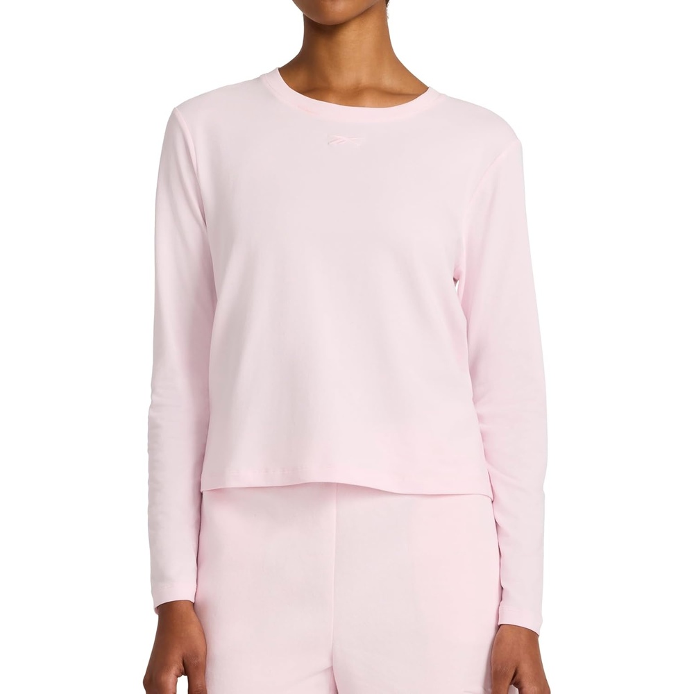 image:imageReebok Womens Embroidery Hit Long Sleeve Crewneck Top Standard Fit Lightweight Stretch Cotton FabricFrosted Berry
